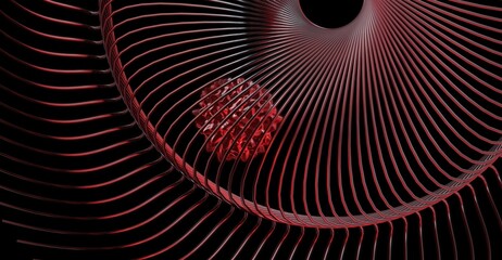 Abstract art featuring a mesmerizing red sphere surrounded by intricate lines, evoking a sense of wonder and complexity