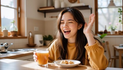 Vibrant Young Woman Enjoying Breakfast at Home Cozy Kitchen Lifestyle Photo Warm Atmosphere Joyful Viewpoint