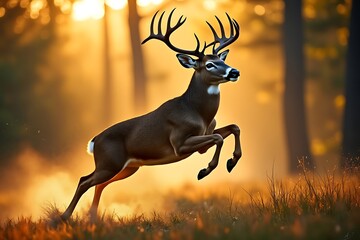  majestic buck deer leaping through a sunlit forest during golden hour