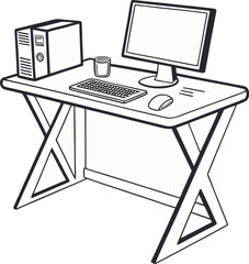 Simple Line Art Desk Computer Setup: Minimalist Workspace  Illustration