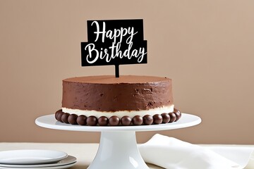  a decadent chocolate birthday cake with a black happy birthday topper, presented on a white cake stand