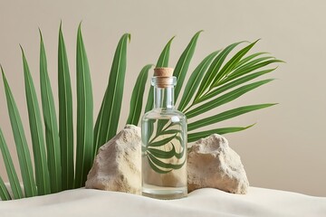  a clear bottle of liquid with a cork stopper sits on sand with tropical leaves and rocks