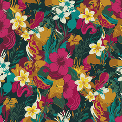 Tropical flower pattern with vibrant colors and detailed floral motifs. Colorful, intricate design with various exotic flowers and lush foliage for a bold and eye-catching pattern.