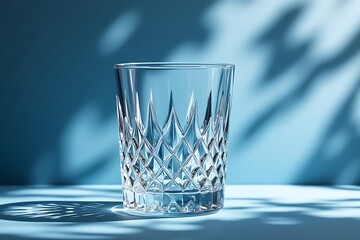  a clear crystal drinking glass with a detailed cut pattern, set against a blue background with light and shadow