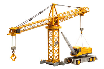 Yellow construction crane isolated on transparent background, a powerful machine used in building and industrial projects