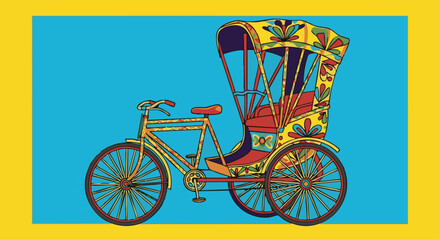 Vibrant Rickshaw Illustration with Intricate Details and Colorful Accents Against a Teal Background Perfect for Design Projects
