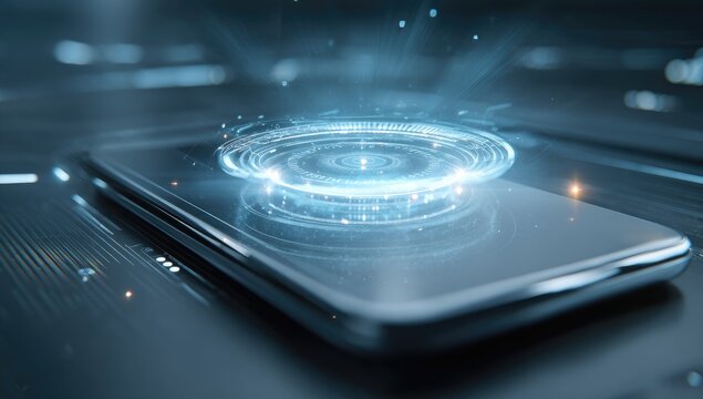Futuristic smartphone with holographic interface - Powered by Adobe