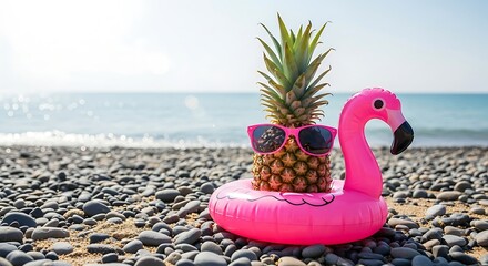 Pineapple in sunglasses on pink flamingo float at the beach