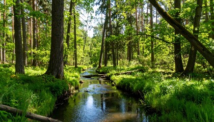 A tranquil forest stream meanders through a vibrant, sunlit woodland, showcasing lush greenery and towering trees.