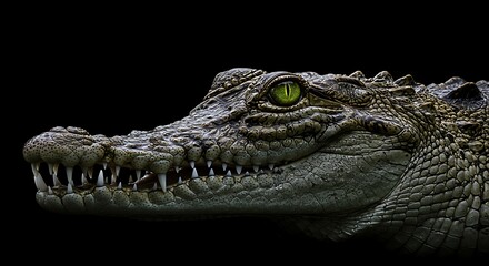 Close-up of Green-eyed Crocodile Head with Textured Scaly Skin Against Black Background