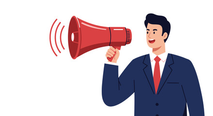 Man in suit holding a red megaphone making an announcement with sound waves emanating from it shown