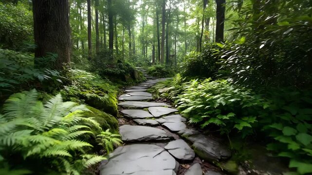 Ultra HD A serene stone pathway winds through a lush green forest, inviting exploration and tranquility amidst the natural beauty of the landscape, a peaceful escape into nature, jungle path video