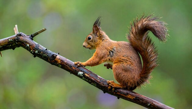 Red squirrel on a branch in a blurred natural background.