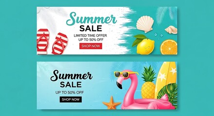 Summer sale banners featuring tropical fruits and beach accessories