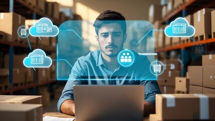 Young man using laptop with digital cloud computing hologram interface in warehouse storage environment for logistics management - Powered by Adobe