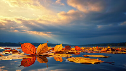 A beautiful autumn response where nature's models generate content; floating leaves print their text on calm water.
