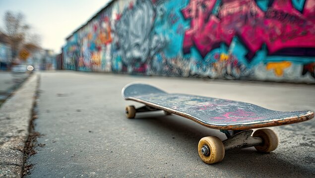 Skateboard resting against a graffiti wall