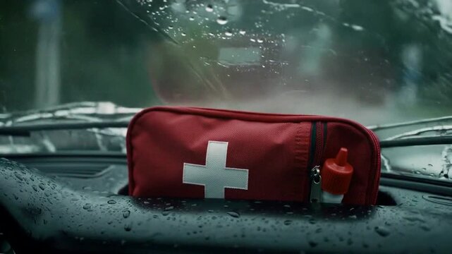 A close-up of a first-aid kit on a watery dashboard amidst rainy weather, symbolizing preparedness and safety in travel.