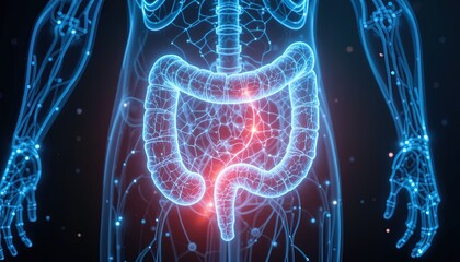 A detailed anatomical representation of the digestive system, highlighting intricate network connections and circulatory elements.