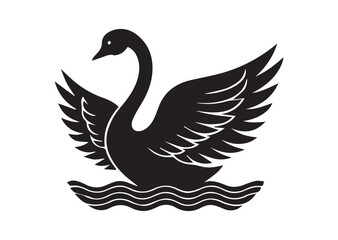 Obraz premium Swan on water with wings spread out black vector white background