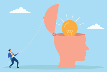 Vector illustration of a businessman pulling open a human head with a rope to reveal a glowing light bulb, symbolizing idea generation, creativity, innovation, and knowledge discovery
