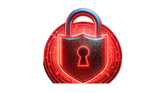Cybersecurity concept with a glowing red padlock on a transparent background isolated on transparent background