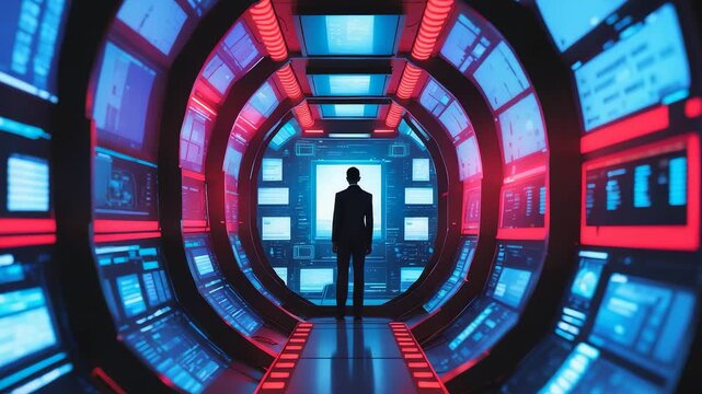 Futuristic tunnel with glowing neon blue and red lights featuring digital screens and a lone silhouette standing in a sci fi environment