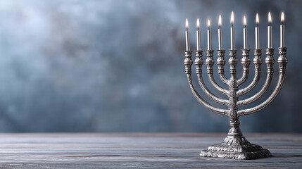silver Hanukkah menorah on an empty table. Web banner with copy space on the right. Hanukkah greeting card, poster. Jewish holiday.