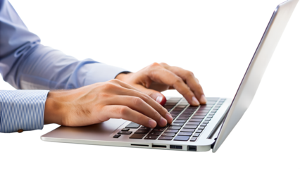 Closeup of hands typing on a laptop keyboard, isolated on transparent background, showcasing technology and business communication