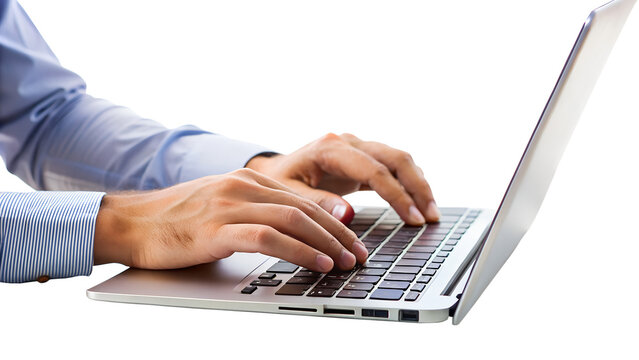 Closeup of hands typing on a laptop keyboard, isolated on transparent background, showcasing technology and business communication - Powered by Adobe