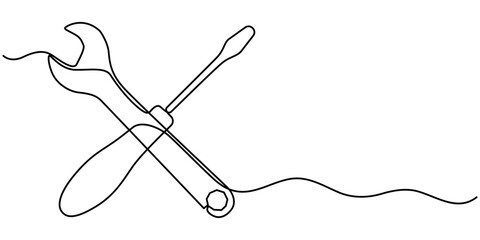 continuous One line drawing of pliers, screwdriver, wrench, single line illustration of mechanical tools. editable outline design. 