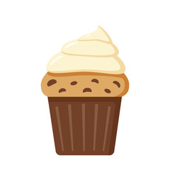 Muffin with cream, a hand-drawn vector illustration of a cupcake. Flat style. Dessert, cake, food.