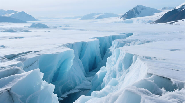A massive crevasse cuts through a glacier in a frozen, mountainous landscape. The deep blue ice contrasts with the white snow and distant peaks.
