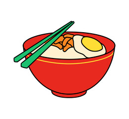 Delicious bowl of ramen with egg and chopsticks, simple flat illustration, vibrant colors, Asian cuisine concept