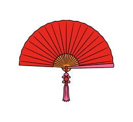Vibrant red folding fan with decorative tassel accessory, symbolizing elegance and traditional artistry, perfect for cultural and design themes.