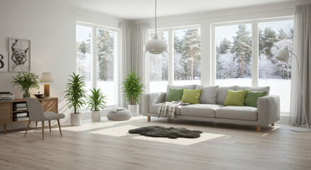 A bright Scandinavian living room, light oak hardwood floors, a large comfortable gray sofa, minimalist decor, a sheepskin rug, plenty of green plants, large windows with a view of a snowy forest, air