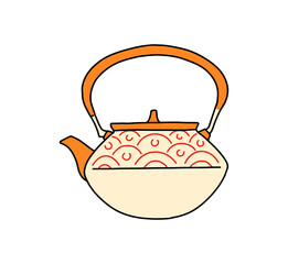 Traditional Japanese teapot with orange handle and decorative pattern on its body, isolated on white