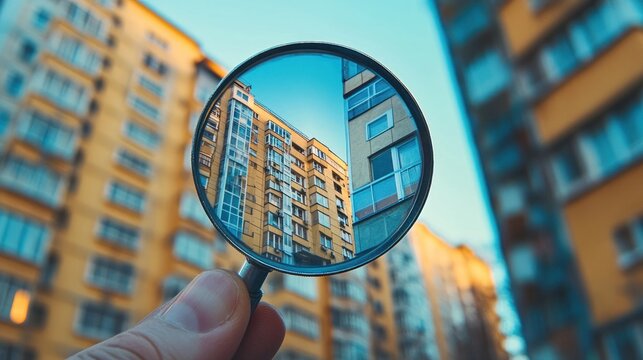 A hand holding a magnifying glass reflects urban buildings in a vibrant cityscape.