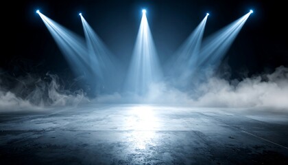 Stage Lighting: Dramatic Spotlight Beams, Blue Glowing Rays, Dark Smoky Background, Concert, Event, Theater