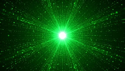 Radiant green light rays burst outward from a central point, emanating through a field of tiny specks, creating a dynamic and vibrant visual effect.