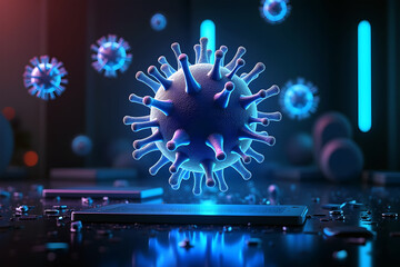 Computer virus concept, 3d virus on a microchip technology