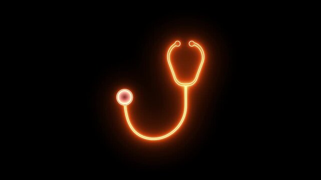 Linear thin outline stethoscope icon in orange neon style on black background, clean simple vector illustration animation, medical concept