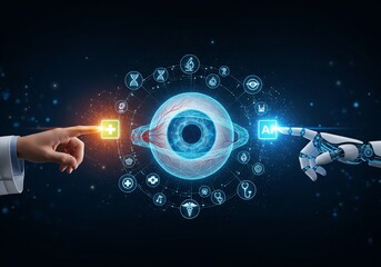 Human and ai hands interacting with a digital eye surrounded by medical icons