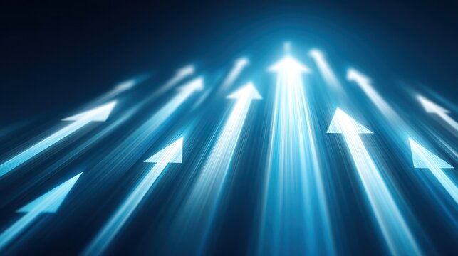 A dynamic graphic displays numerous bright white arrows moving upward against a deep blue background.