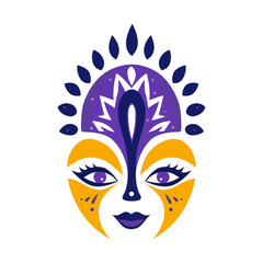 Stylized abstract face with ornamental headdress in purple and yellow colors