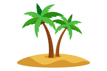 Two lush green palm trees sway gently on a sun-drenched tropical island sand dune, evoking feelings of vacation, relaxation, and exotic escape.