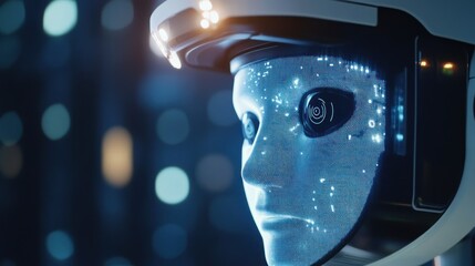 A futuristic robot head with a digital interface and glowing elements.