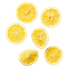Fototapeta premium Yellow lemon slices scattered against a stark black backdrop close up shot