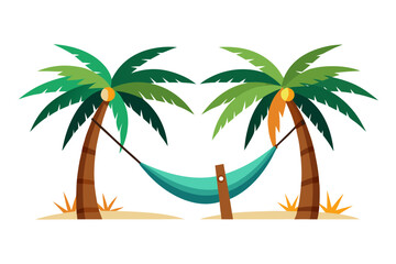 Escape to paradise with a serene hammock suspended between two vibrant palm trees on a sunny beach, embodying ultimate relaxation and tropical vacation dreams.