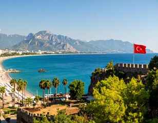 Coastal town, mountain backdrop